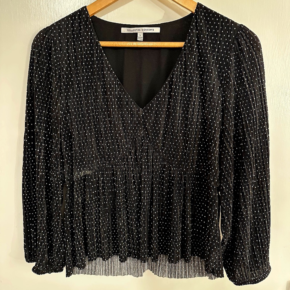 Collective Concepts Black Blouse Top with White Polka Dots